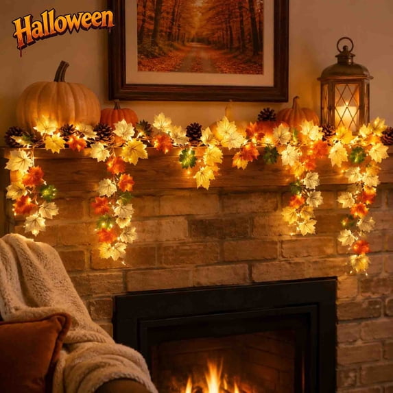 69in Lighted Artificial Maple Leaf Garland, Fall Hanging, Flexible Fake Autumn Leaves Mantel Stair Railing Halloween Decor,Indoor Outdoor Fireplace Door Window Thanksgiving Farmhouse Harvest Supplies