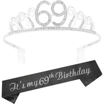 69th Birthday Sash and Tiara for Women - Fabulous Glitter Sash   Waves Rhinestone Silver Premium Metal Tiara for Her, 69th Birthday Gifts for 69 Party