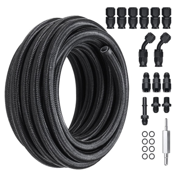 6AN Fuel Line Kit, 25 ft PTFE Fuel Hose with Nylon Stainless Steel Braid, 5/16 in ID, 15 Swivel Fittings, 8 Seals for E85, Gas, Diesel, Oil, Transmission Cooler and Automotive Fuel Systems