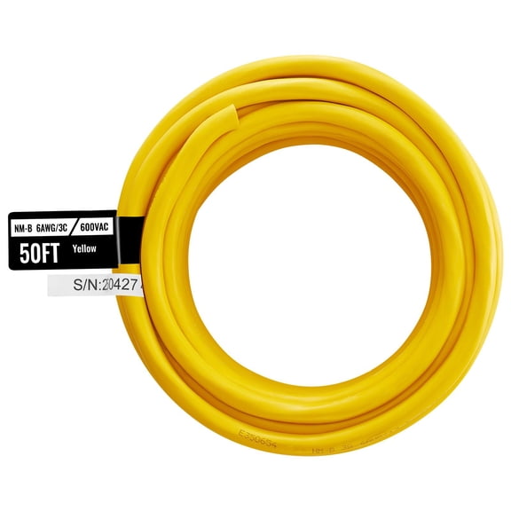 6AWG 3-Conductor NM-B Electrical Wire, 50 ft PVC Jacketed Copper Cable for Indoor Outlets, Switches&Lighting Circuits