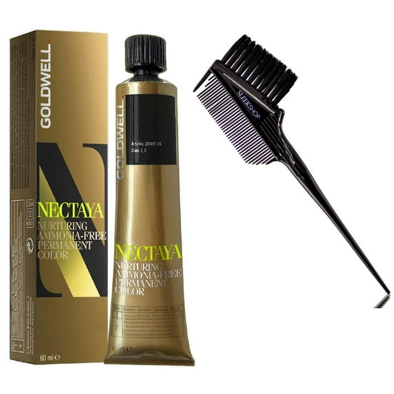 6B Gold Brown , Goldwell NECTAYA Nurturing Ammonia-Free Permanent Hair Color, 2.1 oz tube, No Ammonia Haircolor Dye - Pack of 6 w/ SLEEKSHOP 3-in-1 Brush Comb