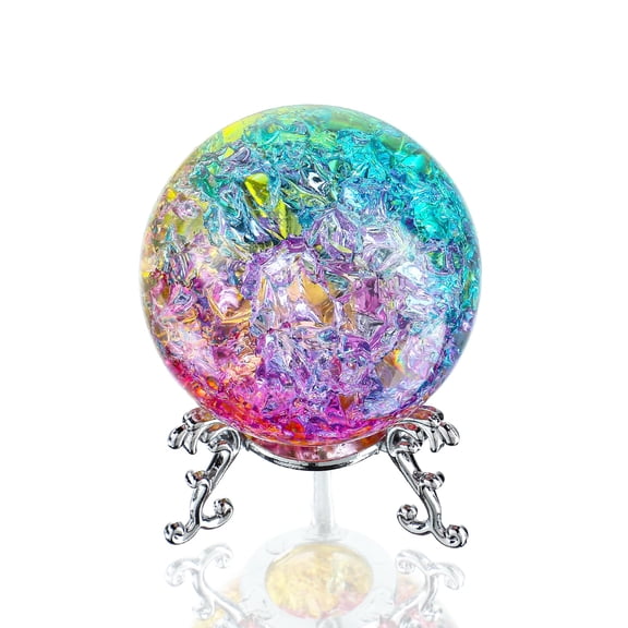 6CM Colorful Crystal Ball Paperweight with Cracked, Crystal Glass Ice Cracked Ball with Stand Accessories Rockery Ornament