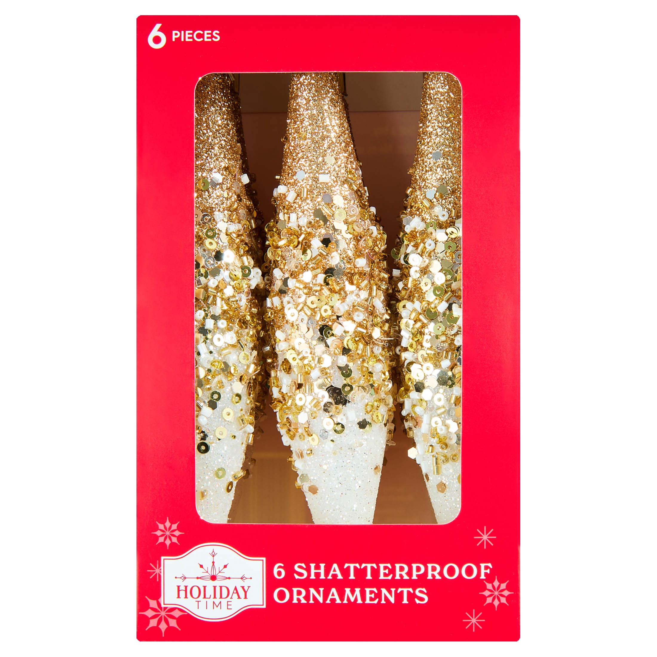 6-Count White and Gold Glitter Ombre Finial Shatterproof Christmas Ornaments, 6.1", by Holiday Time