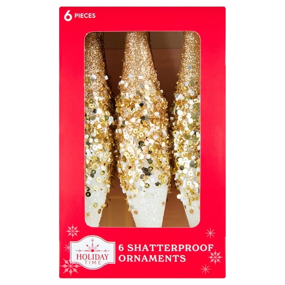 6-Count White and Gold Glitter Ombre Finial Shatterproof Christmas Ornaments, 6.1", by Holiday Time