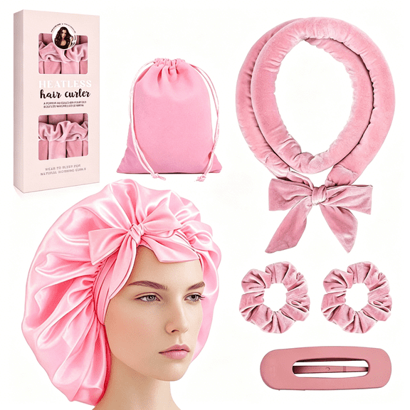 6CT Heatless Curls Overnight, Velvet Hair Curler Headband to Sleep In, 59" No Heat Curlers for Long Hair, Easy Salon-Style Waves Gift Set with Bonnet & Storage Bag, Pink