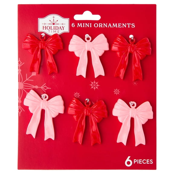6-Count Red and Pink Bow Mini Christmas Ornaments, 1.5", by Holiday Time