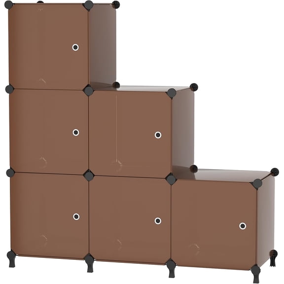 6Cube Storage Organizer Modular Stackable with Doors Brown | Sturdy plastic 6-cube cabinet with doors, 30x30x30cm per cube, tool-free snap assembly, ideal for bedroom, stairs, closet.