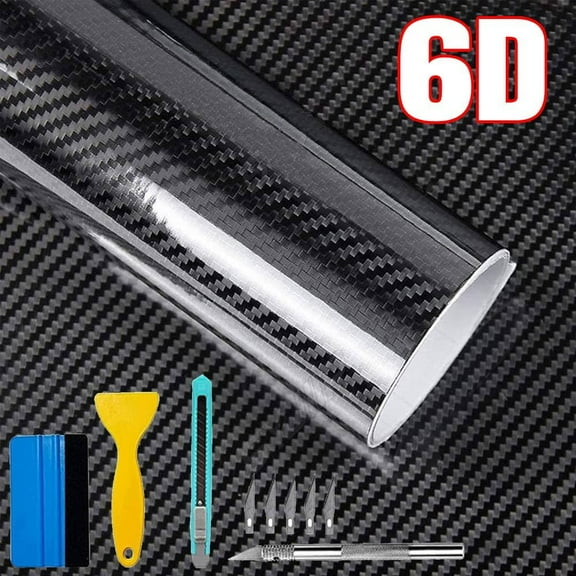 6D Black Carbon Fiber Vinyl Wrap Including Tool Kits, High Glossy Black Car Vinyl Film Roll, Air Release Technology Auto Accessories Wrap Car Motor DIY Interior Exterior 1ft x 10ft
