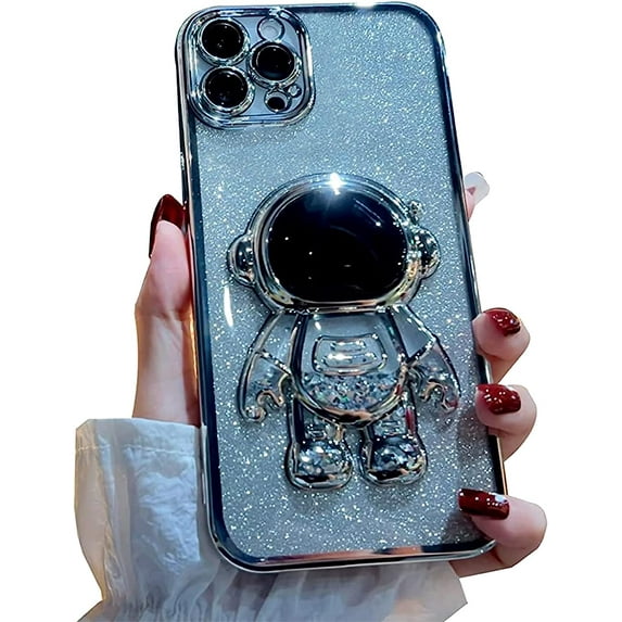 6D Bling Astronaut Compatible with iPhone 14 Pro Max Case, Cute Plating Sparkle Floating Glitter Quicksand Phone Case for Women, Girl - Silver (No Stand)