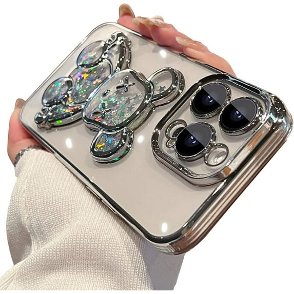 6D Electroplated for iPhone 13 Pro Max Case for Women Girls Luxury Liquid Quicksand Case with Camera Protector Glitter Sparkly Bear Slim Shockproof Rubber Protecive Case (Silver)
