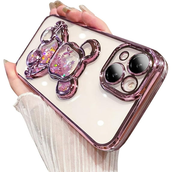 6D Electroplated for iPhone 14 Case for Women Girls Luxury Liquid Quicksand Case with Camera Protector Glitter Sparkly Bear Slim Shockproof Rubber Protecive Case (Pink)