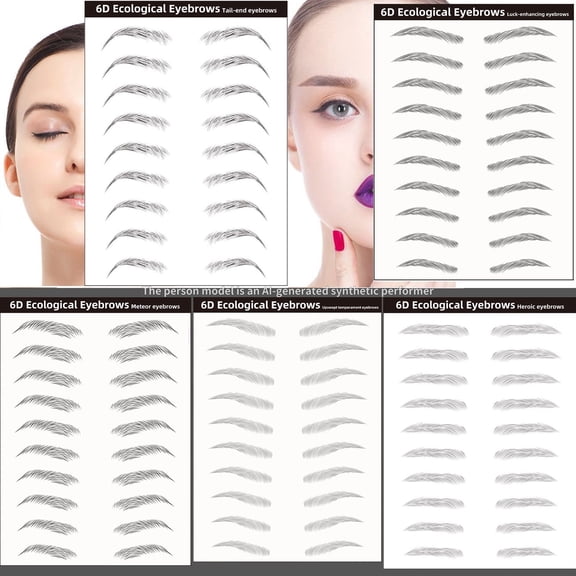 6D Hair Like Waterproof Eyebrow Tattoos Stickers 5 Sheets 100 units Waterproof Eyebrow Transfers Stickers Temporary Brow Tattoo Peel Off Grooming Shaping Eyebrow Sticker, 5 Types