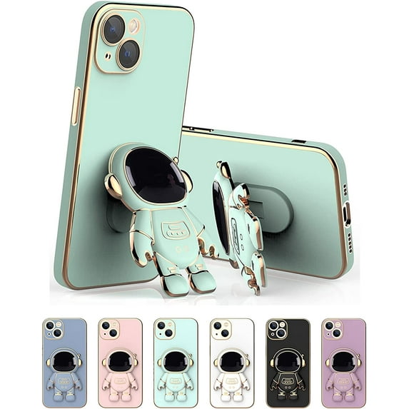 6D Plating Astronaut Hidden Stand Case Cover for iPhone 14 Pro Max,Cute Phone Case with Camera Lens Protector Cover,Mint Green,6.7 Inch