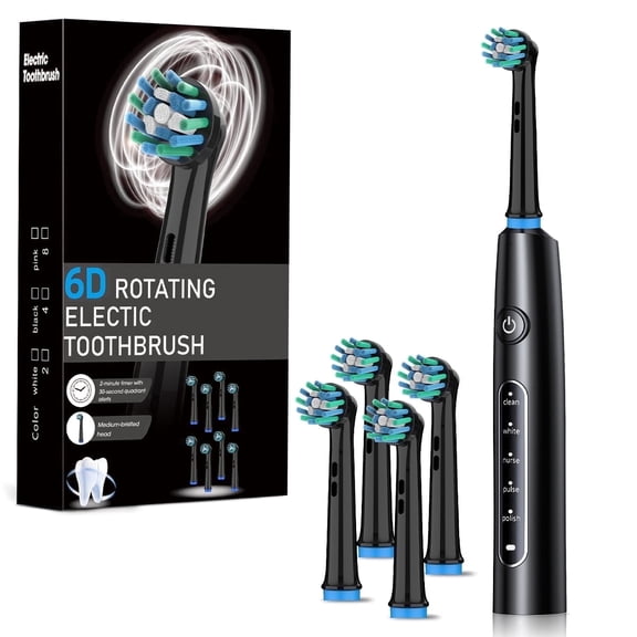 6D Rotating Electric Toothbrush for Adults, 5 Cleaning Modes, 4 DuPont Soft Bristle Replacement Heads, 2-Minute Smart Timer, USB-C Rechargeable, IP67 Waterproof (Black)