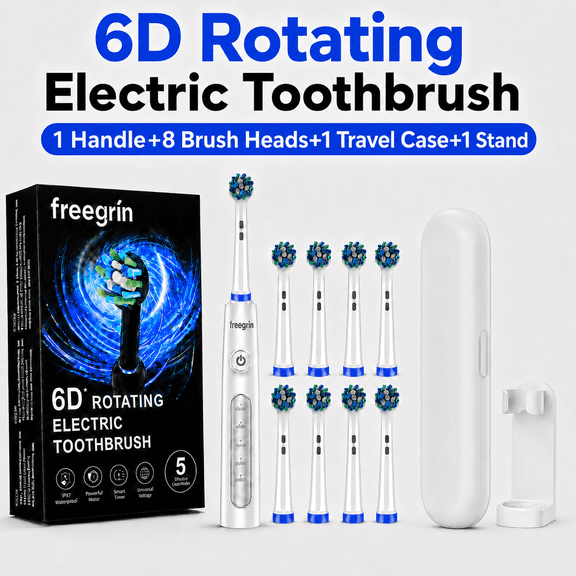 6D Rotating Electric Toothbrush for Adults, 5 Modes, 8 DuPont Soft Heads, Travel Case & Stand, 2-Min Timer, Type-C Charging, IP67 Waterproof (White)