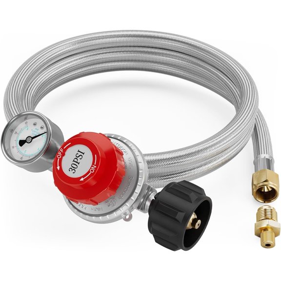 6FT 0-30 PSI Adjustable High Pressure Propane Regulator with 0~60PSI Gauge Gas Flow IndicatorPropane Hose for LP Cooker, Burner, Turkey Fryer, Smoker