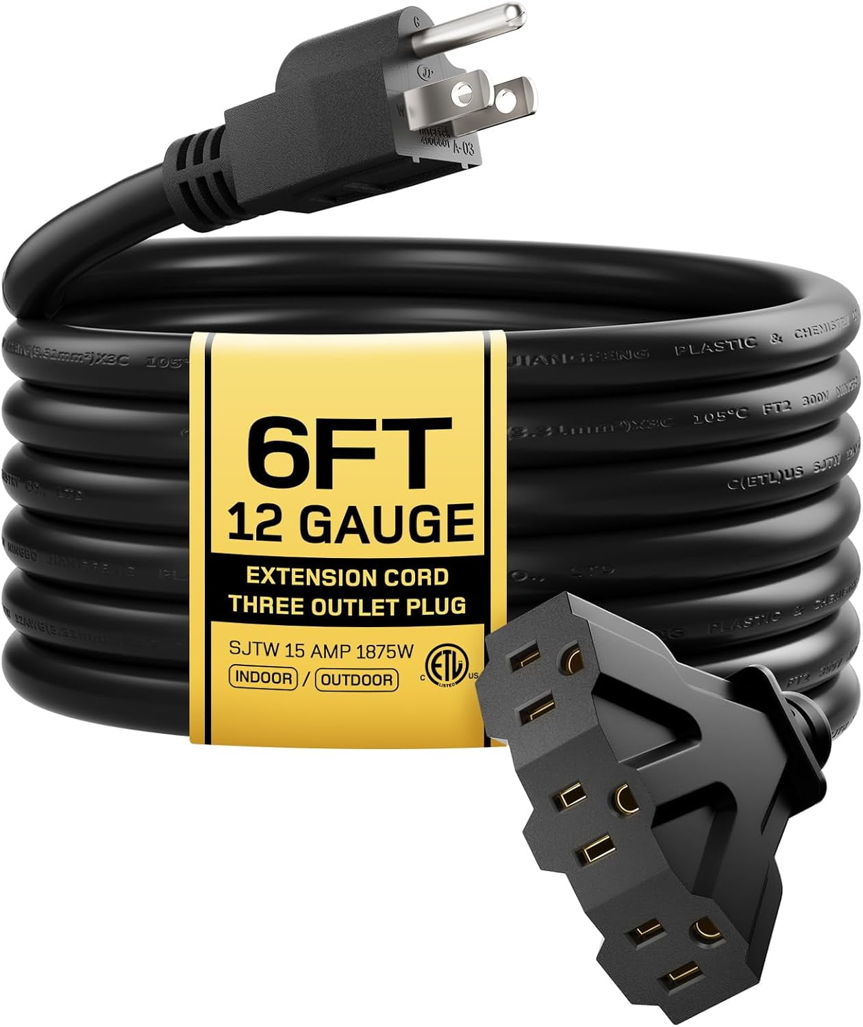 6FT 12/3 Heavy Duty Extension Cord with 3 Outlet, 12 Gauge SJTW Three