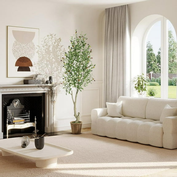 6FT (1pcs) Artificial Olive Tree, Tall Faux Olive Tree with Fruit, Indoor Fake Plant with Real Trunk Texture and White Flower Pot, Suitable for Home Living Room Porch Decoration