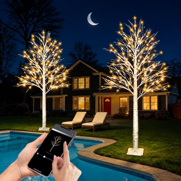 Aoycocr 6FT White Smart Lighted Birch Tree Warm White LED 18 Modes Color Changing Indoor Outdoor 2 Pack