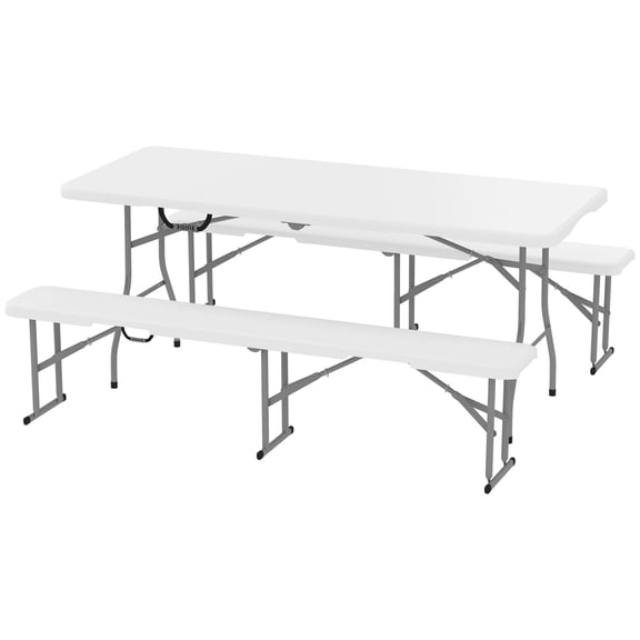 6FT 3 PCS Portable Folding Camping Picnic Table and Chairs Bench Set with Carrying Handles for BBQ Party Outdoor White