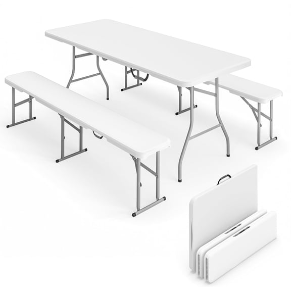 6FT 3-Piece Portable Picnic Table Bench Set, Folding Camping Table and Chairs with Carrying Handles for Indoor Outdoor Use, Camping, BBQ, Party, Event, White