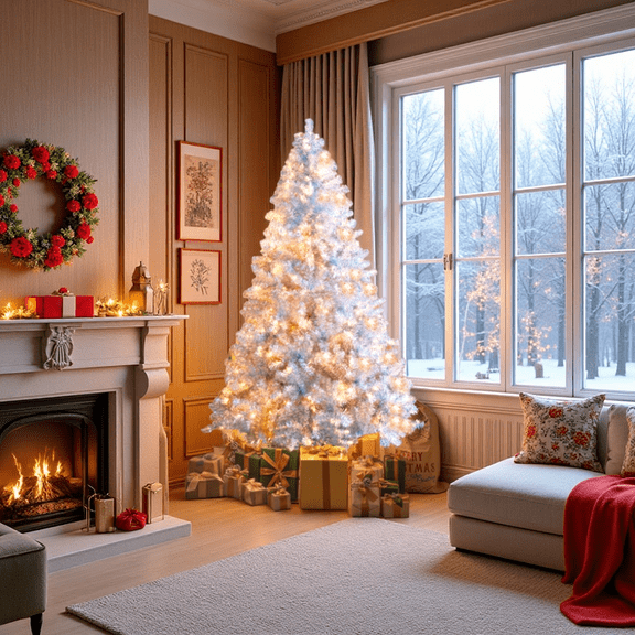 6FT/7.4FT Sliver Pre-Lit Artificial Christmas Tree, Snow Flocked Xmas Tree with Metal Stand, 800 Branch Tips, 300 LED Lights,11 Lighting Modes, Christmas Tree For Home And Office Holiday Decoration