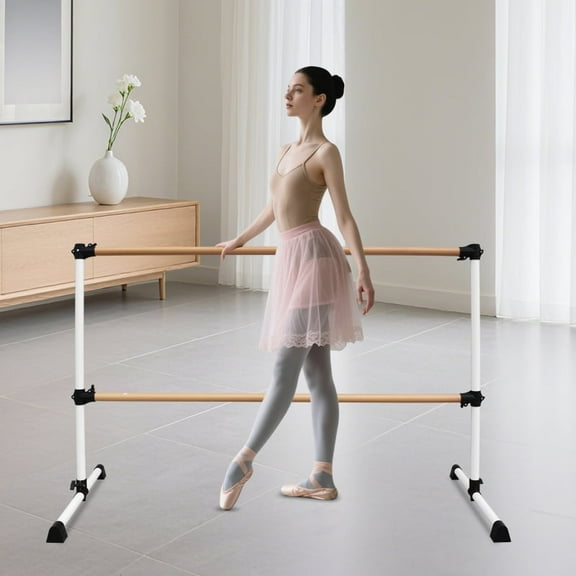 LuckyNote 6FT Adjustable Ballet Barre, Solid Wood Bar with Height Range 6.7-46 Inches for Dance Practice, White