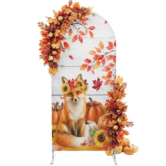 6FT Arch Backdrop Cover,Rustic Fox Sunflower Leaf Spandex Arch Covers Fitted Arches Stand Cover Thanksgiving Pumpkin Wood Plank Wedding Birthday Party Banquet Decorations