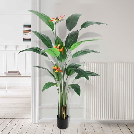 6FT Artificial Bird of Paradise Plant with Pot, Tall Faux Tree with 14 Rubber Fabric Leaves & 3 Flowers, Realistic Large Fake Plant for Indoor Outdoor Home Office Living Room Decor