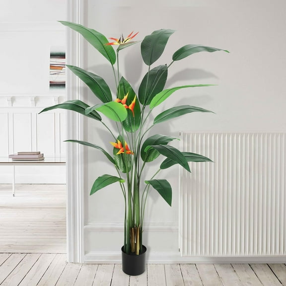 6FT Artificial Bird of Paradise Plant with Pot, Tall Faux Tree with 14 Rubber Fabric Leaves & 3 Flowers, Realistic Large Fake Plant for Indoor Outdoor Home Office Living Room Decor