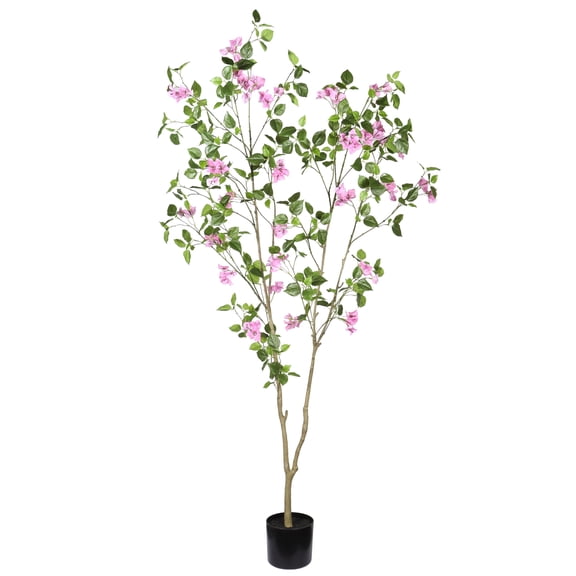 6FT Artificial Bougainvillea Tree with Black Plastic Pot, Realistic Fake Flowering Tree for Indoor Home Office Decor, Potted Faux Plant, 1pc/set