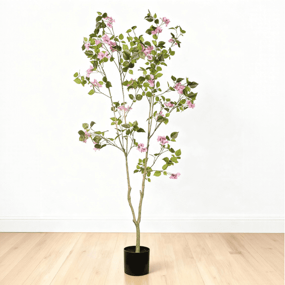 6FT Artificial Bougainvillea Tree with Black Plastic Pot, Realistic Fake Flowering Tree for Indoor Home Office Decor, Potted Faux Plant, 1pc/set