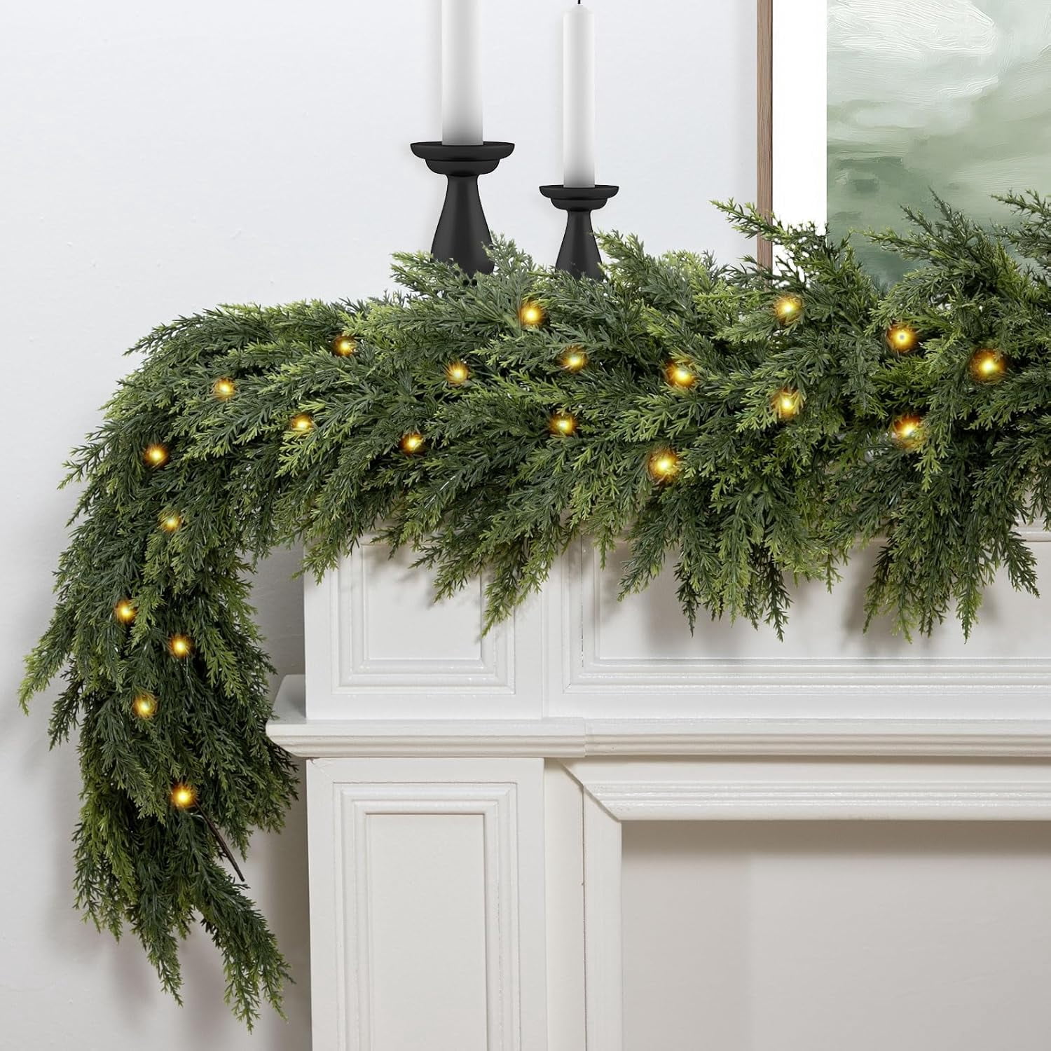 6FT Artificial Cedar Christmas Garland with 120 LED Lights - Real Touch ...