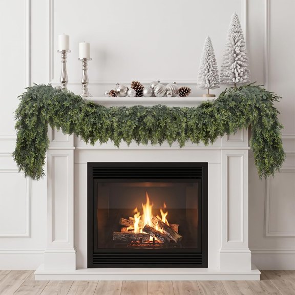 6FT Artificial Cedar Garlands, Real Touch Soft Cedar Pine Garland, Winter Artificial Greenery Garland for Fireplace Mantel Staircase Porch Table Indoor Home Xmas Decors