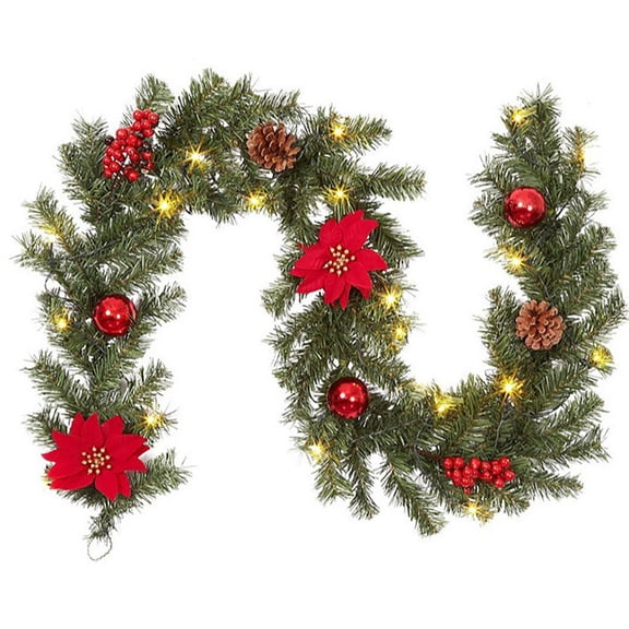 6FT Artificial Christmas Garland Cypress Leaf Evergreen Garland with LED Lights Red Berries & Pinecones for Indoor Outdoor Window Mantel