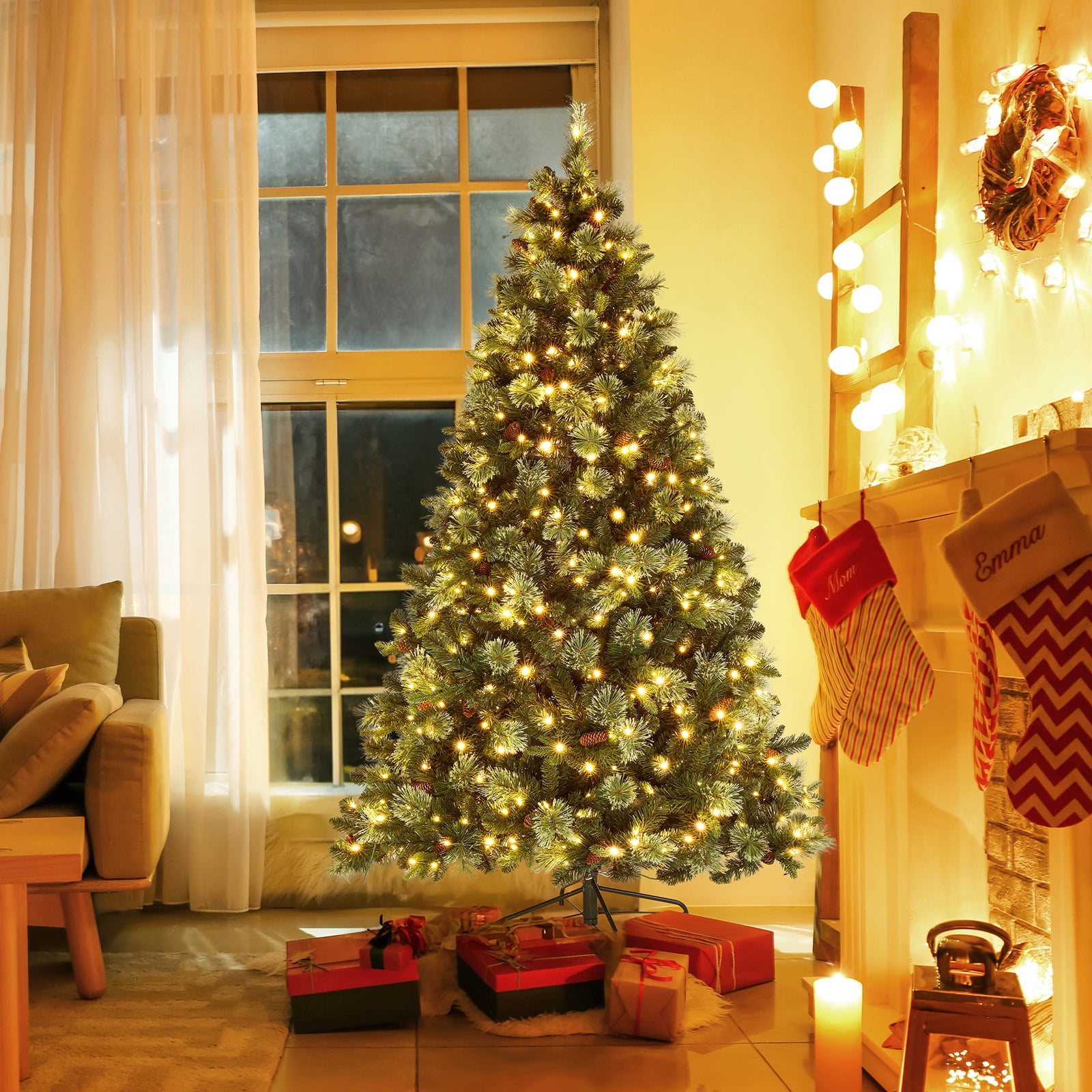 Snow-dusted Christmas Tree With Multicolor Bulbs & Plastic Star