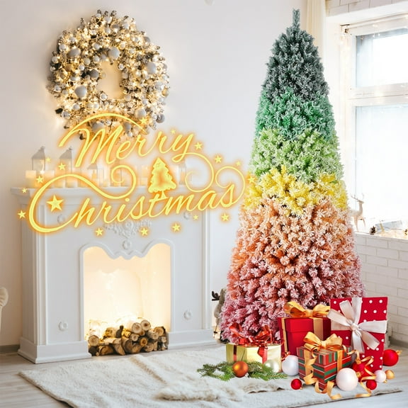 6FT Artificial Christmas Tree Rainbow Gradient Fir Christmas Tree with Hinged Structure, Metal Base for Home & Office Holiday Decor