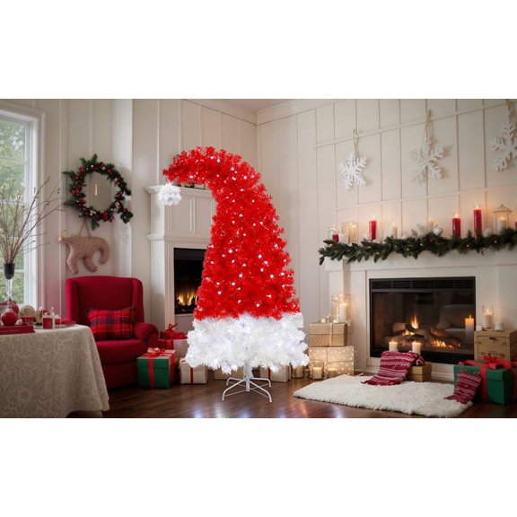6FT Artificial Christmas Tree with LED Light, Santa's Hat Shape Artificial Whimsical Xmas Tree with 1050 Tip, Curved Xmax Tree