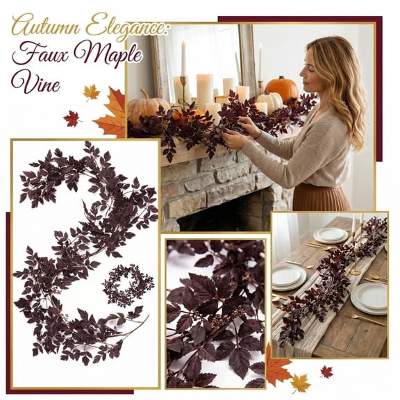 6FT Artificial Fall Garland Fuller Autumn Maple Leaf & Plum Cimicifuga Vines,Flexible Wired Stems for Fireplace Mantel Table Staircase,Realistic PE Plastic Seasonal Decor for Thanksgiving Halloween