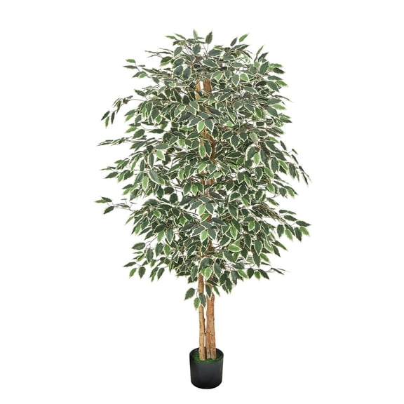 6FT Artificial Ficus Tree Tall Faux Plant with Black Pot, Lifelike Green Leaves and Flexible Branches, Fire-Retardant Smell-Free Materials, Easy Maintenance Decorative Fake Plant for Home Office