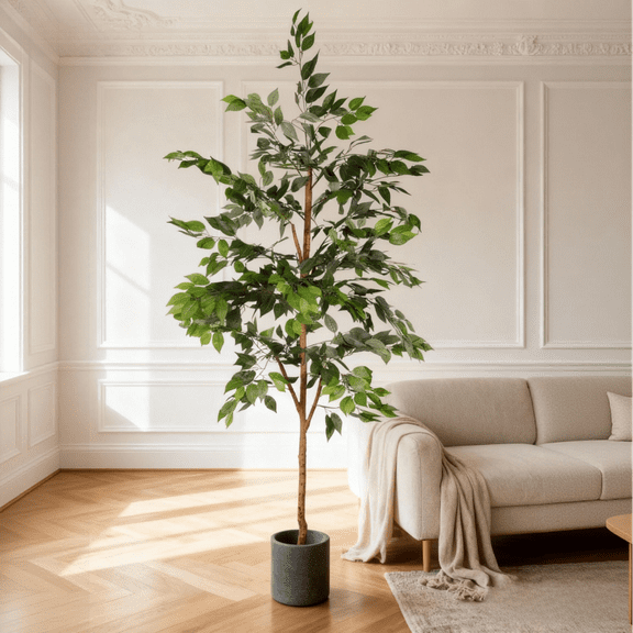 6FT Artificial Ficus Tree with Natural Trunk - Real Touch Fake Plant for Indoor Home Office Decor Lush Green Faux Tree 1pc Set
