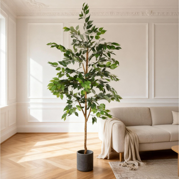 6FT Artificial Ficus Tree with Natural Trunk and Lifelike Leaves,Fake Potted Tree Faux Tree for Office Home Decor