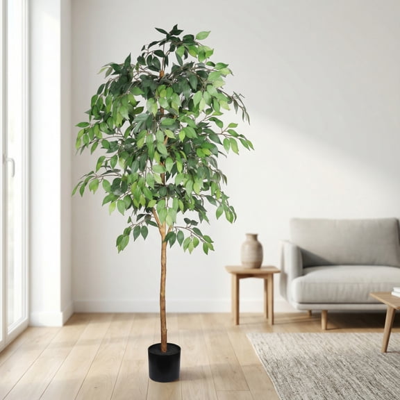 6FT Artificial Ficus Tree with Natural Trunk in Black Plastic Pot for Indoor Home Office Decor, 1pc/set