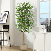 6FT Artificial Ficus Tree with Natural Wood Trunk and Lifelike Leaves, Silk Fake Potted Tree with Wood Branches, Faux Tree for Office Home Decor