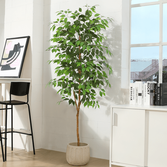 6FT Artificial Ficus Tree with Natural Wood Trunk and Lifelike Leaves, Silk Fake Potted Tree with Wood Branches, Faux Tree for Office Home Decor