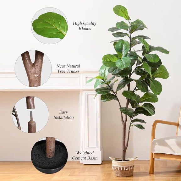 6FT Artificial Fiddle Leaf Fig, Large Faux Ficus lyrata Silk Plant with Pot, Year-Round Decor, Lifelike Fake Plant for Indoor Outdoor Home Office Living Room