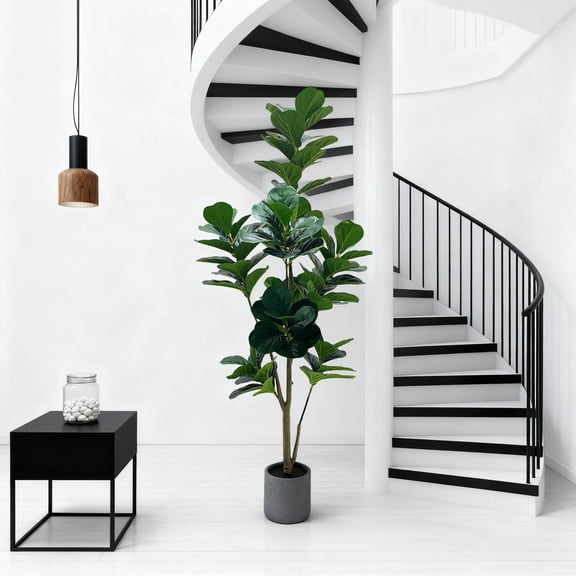 6FT Artificial Fiddle Leaf Fig Tree Real Wood Trunk, Silk Leaves, Large Faux Indoor Plant Maintenance-Free Decorative Greenery for Living Room Gray Explosion-Proof Pot + Stone, 180CM Variant