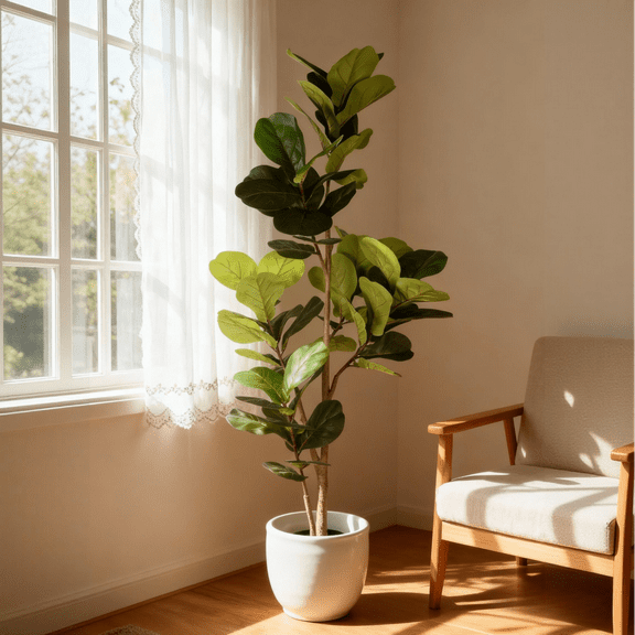 6FT Artificial Fiddle Leaf Fig Tree with Black Plastic Pot Real Touch Indoor Plant for Home Office Living Room Corner Decor 1Pc Set