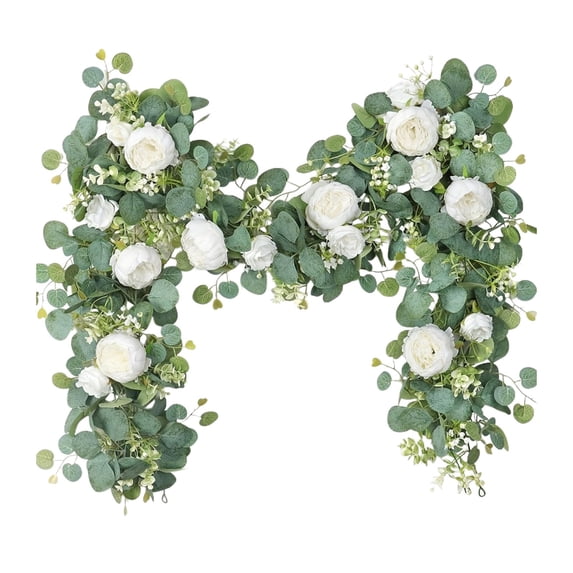 6FT Artificial Flower Garl with Roses Silk Floral Vine for Wedding Arch Party Centerpiece Table Runner Home Decor Faux Greenery Garl for Living Room Bedroom Garden Wall Hanging White