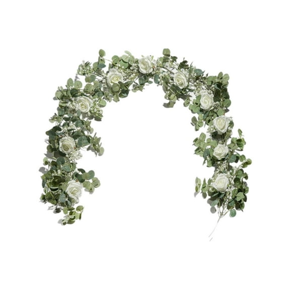 6FT Artificial Garland With Flowers 10 White Roses Baby Breath Garland Floral Greenery Garland For Wedding Centerpiece Table Runner Decor Wall Decoration